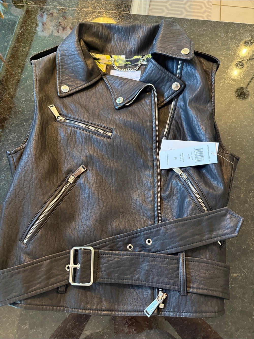 BCBGeneration Black Faux Leather Moto Vest with Belt Detail